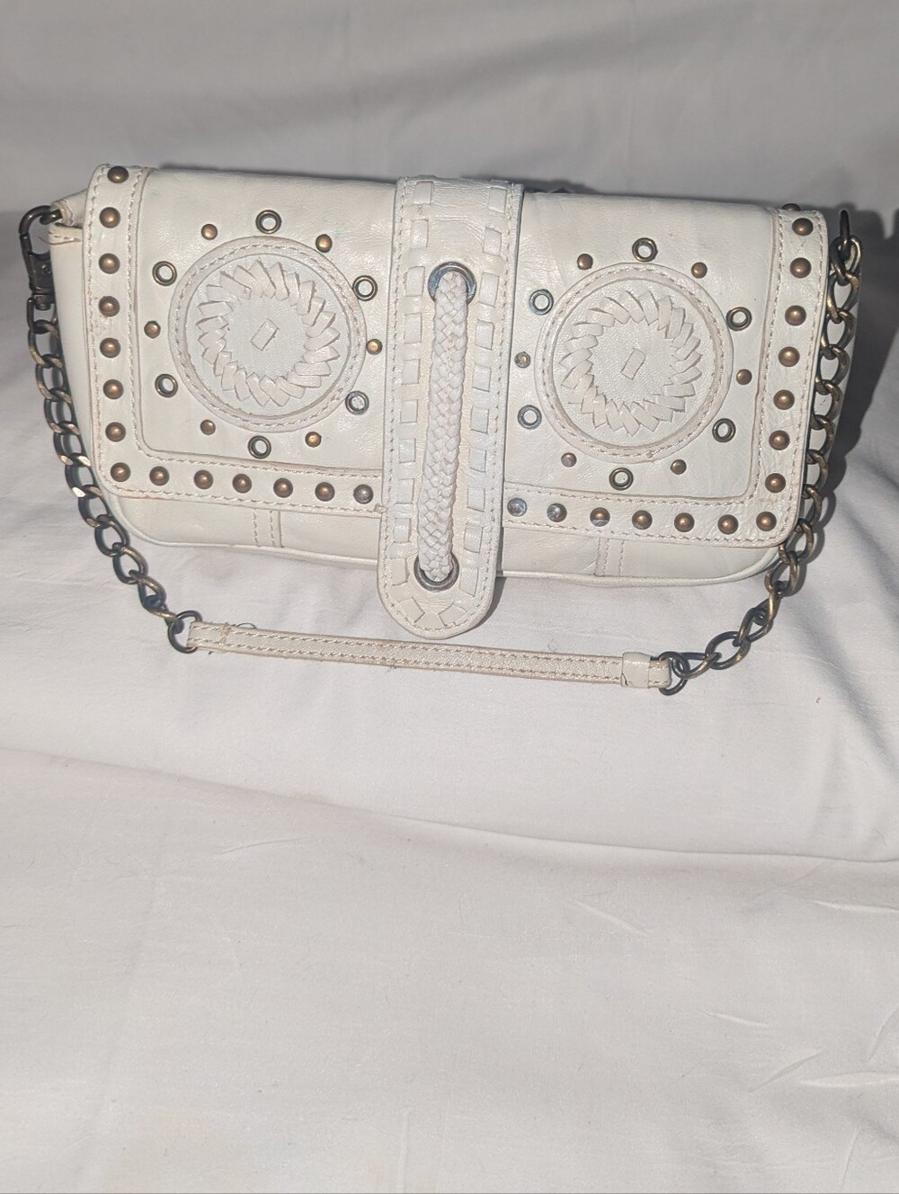Betsey Johnson Vintage Y2K White Studded Leather Clutch with Chain Strap